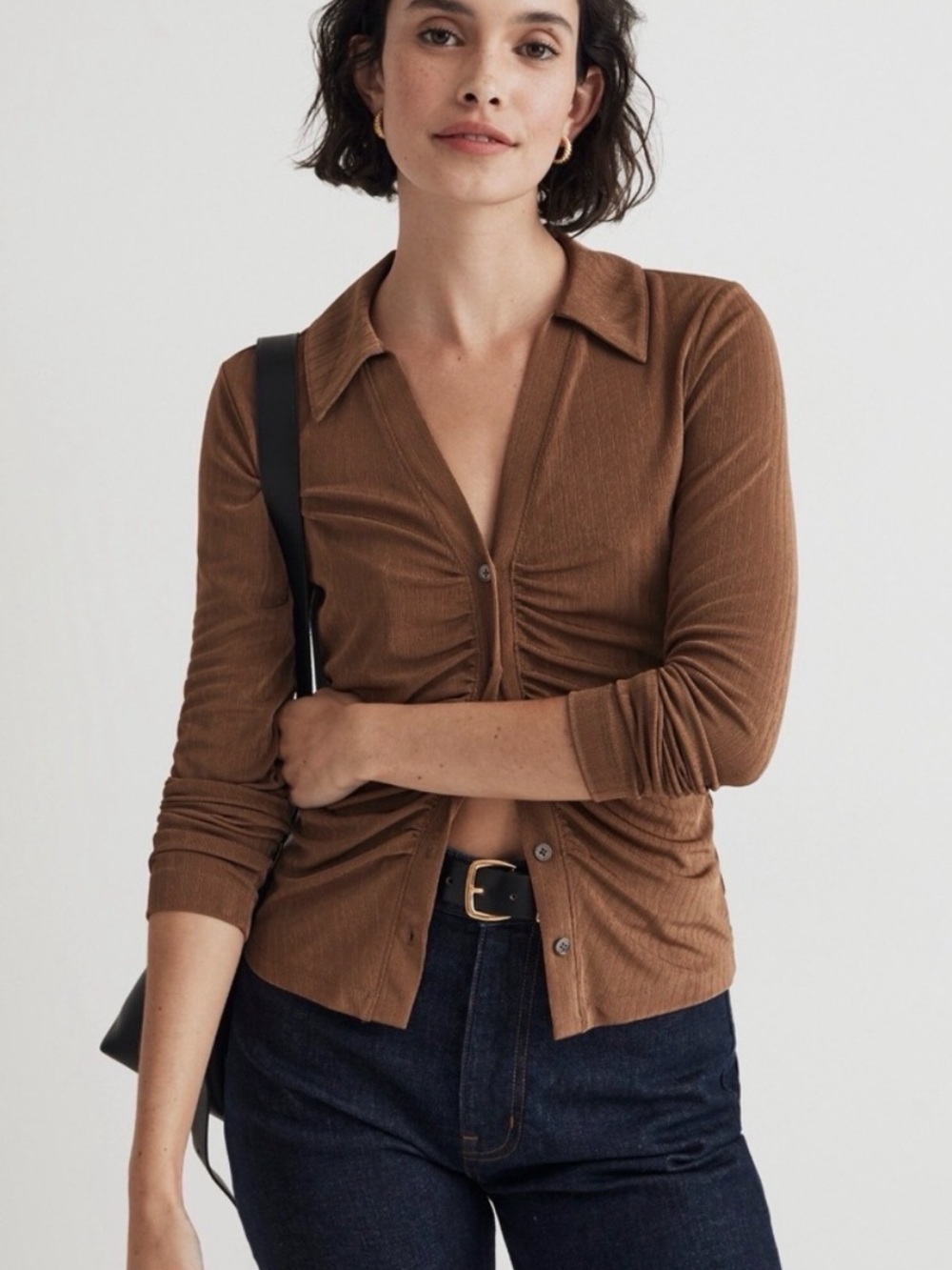 Madewell Brown Ruched Button Front Collared Top Size M
